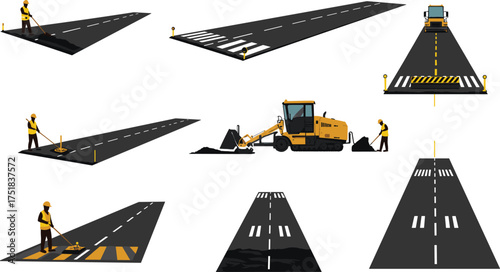 Road construction silhouette, workers, machinery, asphalt paving, lane marking, pothole repair, black and white, infrastructure, safety cones, surface smoothing, maintenance, urban development