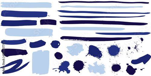 Vector blue artistic paint brush strokes and paint blob splatter elements 2025 new set. Suitable for your graphic design projects.