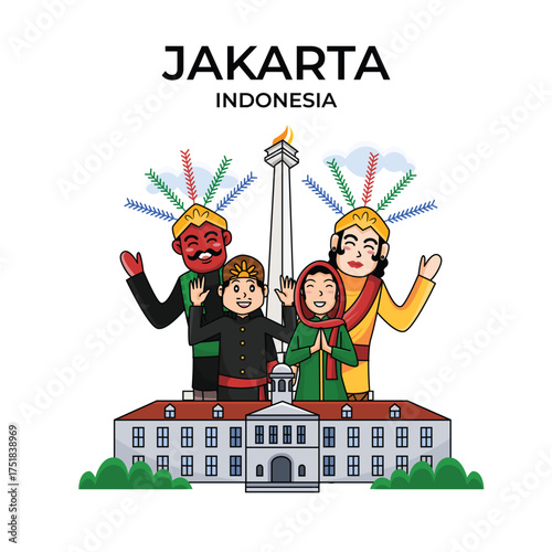 Jakarta Indonesia cityscape with traditional characters