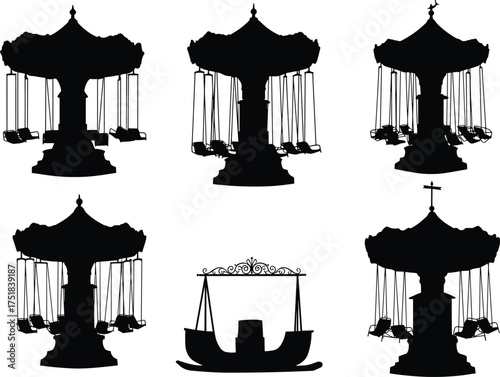 Swing ride and pirate ship silhouettes, carnival amusement park ride set, vintage fairground vector illustration for funfair, entertainment, theme park, festival design