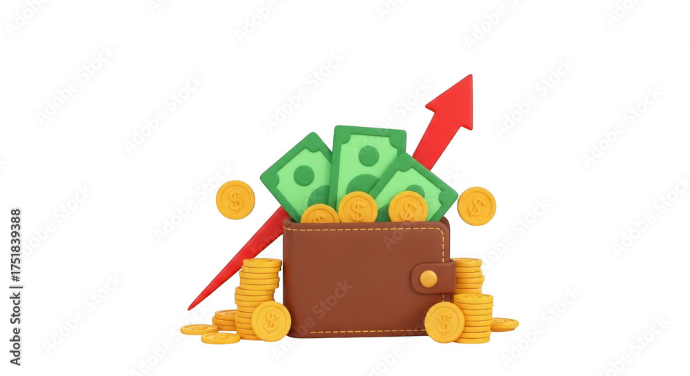 Obraz premium Wallet overflowing with cash and coins with upward trending arrow isolated on transparent background