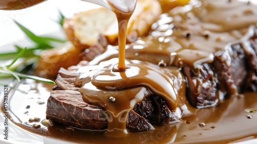 A plate of meat served with a rich and savory gravy sauce being poured over it
