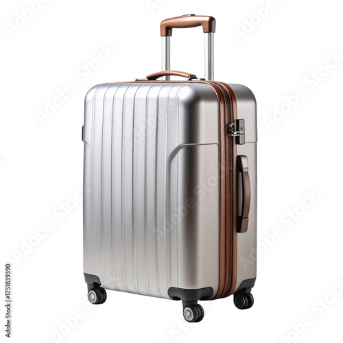 Silver rolling suitcase with brown accents ready for travel adventures.