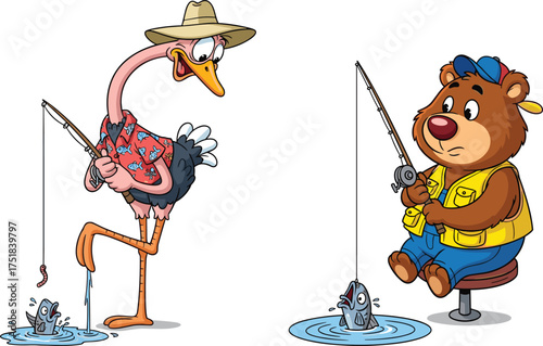 Cartoon ostrich and bear fishing, colorful illustration, humorous animals, expressive faces, anthropomorphic characters, fun outdoor scene, fantasy fishing concept