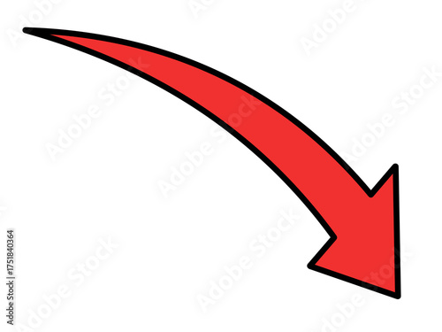 下降するカーブした赤い矢印のシンプルなイラスト　黒い輪郭線付き