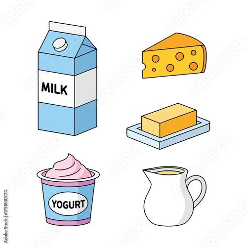 A collection of dairy products including milk, cheese, butter, yogurt, and cream in a pitcher.