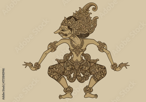 Detailed Wayang Kulit Character Illustration with Elaborate Headdress.