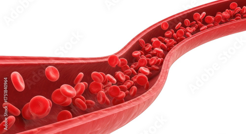 Red blood cells flowing through a blood vessel isolated on transparent background