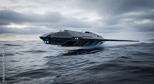Futuristic dark watercraft gliding over the ocean under a cloudy sky creates anticipation and awe