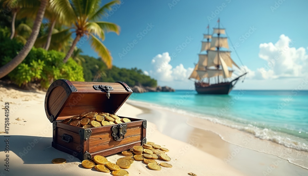 Naklejka premium Open treasure chest full of shining gold coins on a white tropical island beach. Lush palm trees frame the scene. A classic sailing ship floats on the turquoise sea, hinting at adventure and paradise.