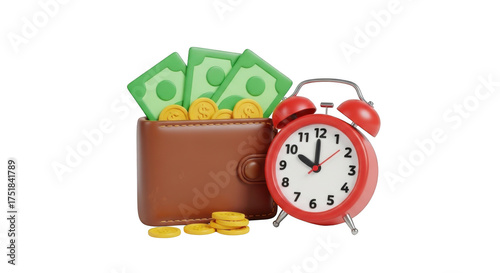 Brown leather wallet full of money and coins next to a red alarm clock isolated on transparent background