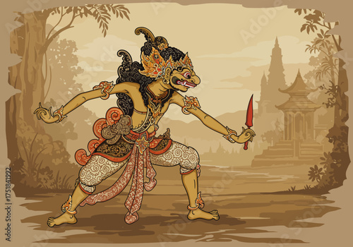 Balinese Demon Warrior with Dagger Traditional Art Illustration.