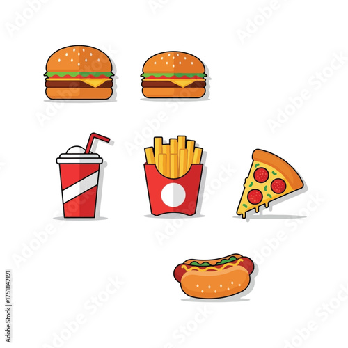 A collection of popular fast food items including hamburgers, french fries, a soda, a hot dog, and a slice of pizza.