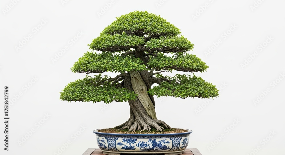 Fototapeta premium Beautifully Twisted Trunk Bonsai Tree in Blue and White Pot