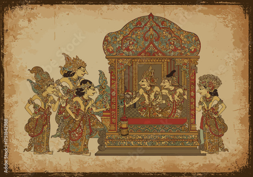 Traditional Javanese Wayang Kulit Shadow Puppet Performance Scene.