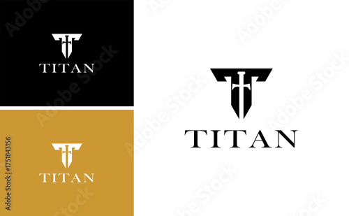 Titan Gladiator Letter T Logo Design with Shield and Mask Symbol for Strong Warrior Brand Identity in Modern Geometric and Minimalist Style