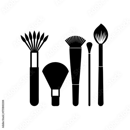 Illustration of various makeup brushes on transparent background silhouette
