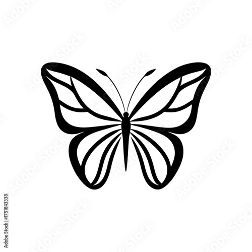 Stylized butterfly black and white on transparent background silhouette