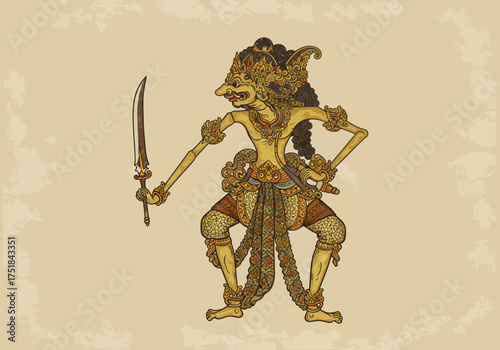 Wayang Kulit Character: A Traditional Javanese Shadow Puppet with Sword.