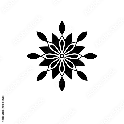 Black floral design with eight petals on transparent background silhouette