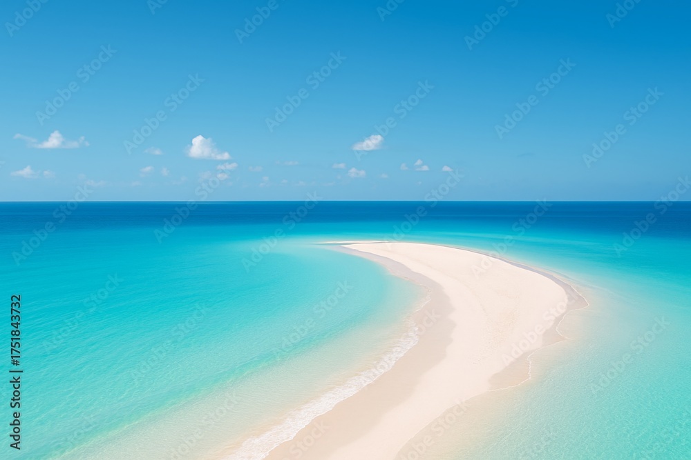 Fototapeta premium Azure Isle's Embrace: A pristine sandbar curves elegantly amidst the tranquil embrace of turquoise waters under a serene azure sky, offering a slice of paradise.