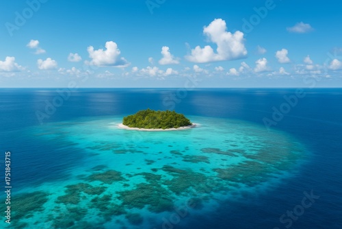 Island Paradise: An aerial perspective showcases a lush green island rising from a sea, ringed by vibrant coral reefs, under a clear blue sky. Witness the untouched beauty and tranquility.