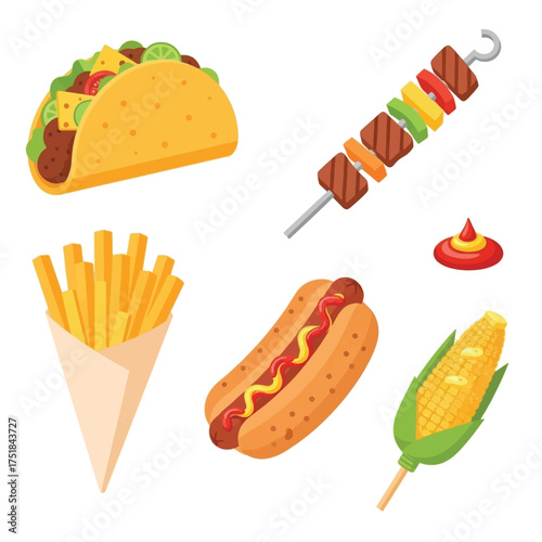 A collection of popular fast food items including a taco, french fries, hot dog, shish kebab, corn on the cob, and ketchup.