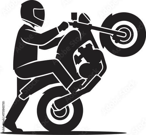 Silhouetted rider executing an extreme motorcycle wheelie stunt.