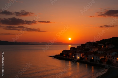 Sunset Over Coastal Town: A breathtaking panorama of a seaside village at dusk, where the sun dips below the horizon, casting a warm golden glow over the water and architecture.