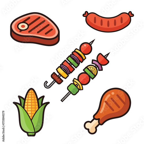 A collection of grilled food items including a steak, sausage, chicken leg, corn on the cob, and vegetable skewers.