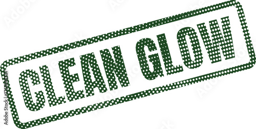 A green dotted rubber stamp showing the words Clean Glow clearly visible on a white surface