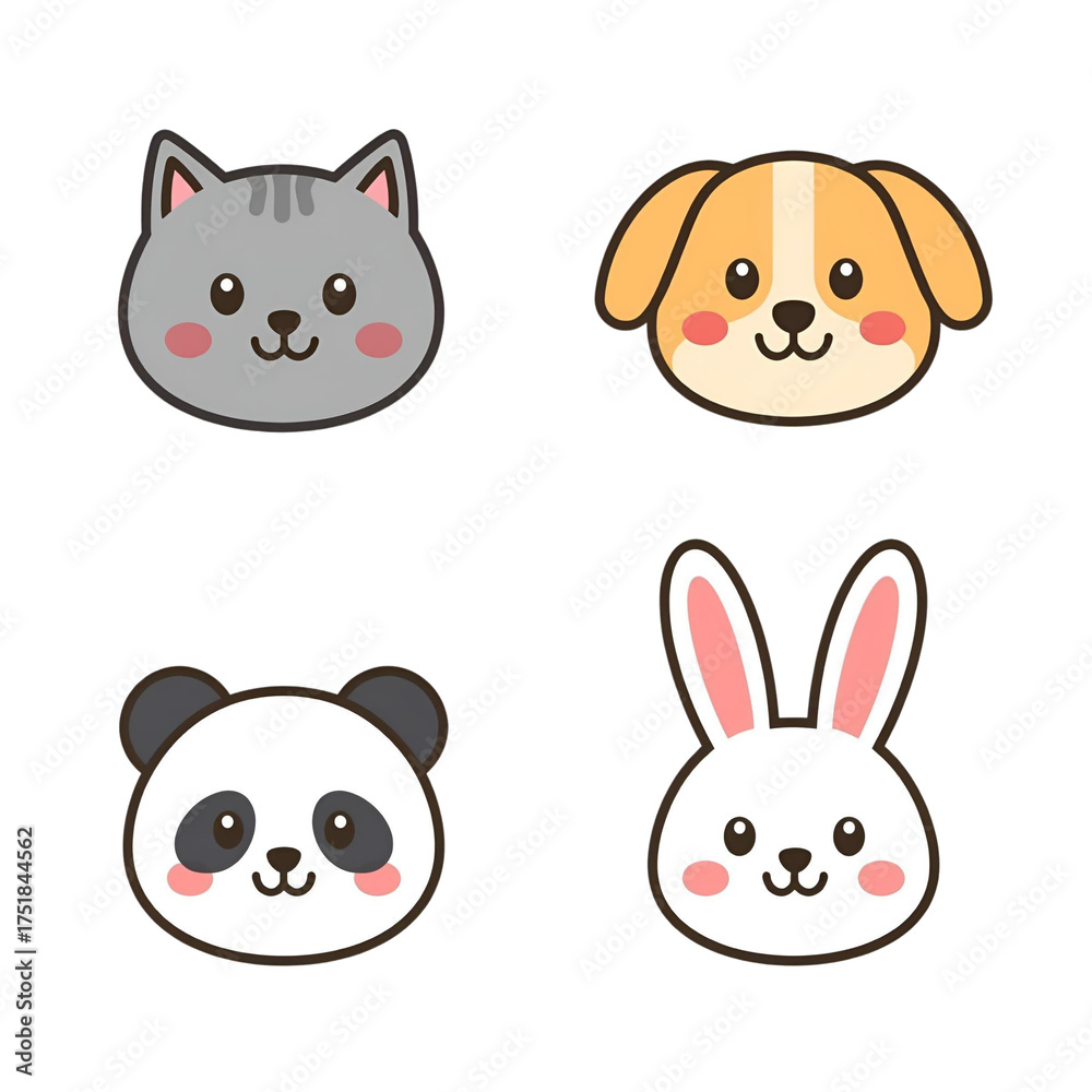 Fototapeta premium Cute Cartoon Animal Faces – Cat, Dog, Panda, Rabbit in