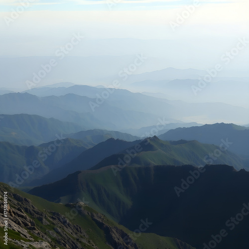 Breathtaking mountain landscape with rolling hills and misty valleys under a soft blue sky
