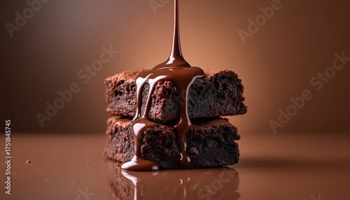 Chocolate brownie pieces stacked and covered with hot chocolate sauce on dark brown background. Brownie squares are stacked. Melted chocolate flows down. Dessert food photography for advertising.