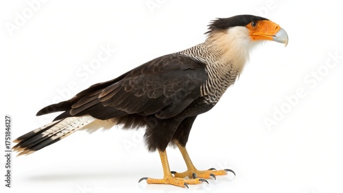 Northern Crested Caracara, also known as the Mexican Eagle, with black-and-white plumage, orange facial skin, and sharp hooked beak, isolated on a clean white studio background, sharp focus, professio