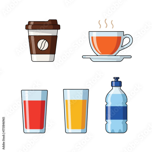 A collection of five different beverage containers, including a coffee cup, a teacup, two glasses of juice, and a water bottle.