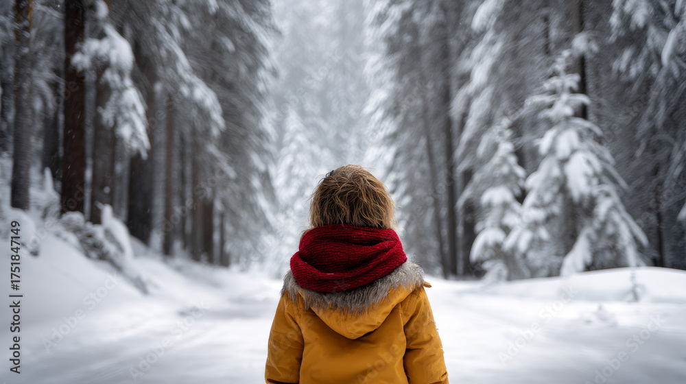 Obraz premium A cute child looking at the camera against a winter landscape. He's wearing a hooded winter jacket. Conceptually, it's about winter, cold, snow, Christmas, and New Year.