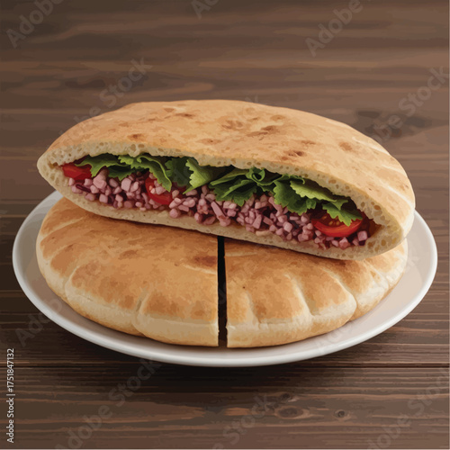A delicious and healthy pita sandwich filled with ground meat, fresh lettuce, and diced tomatoes, served on a white plate.