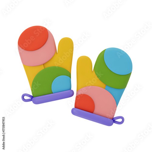 Pair of vibrant cartoon oven mitts with colorful geometric design on transparent background