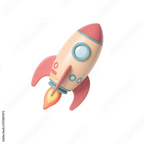 Pastel cartoon rocket ship taking off with flames on transparent background