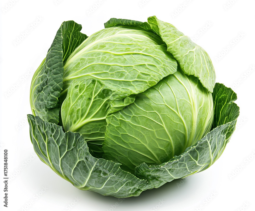 Fototapeta premium Fresh green cabbage with vibrant leaves, isolated on white background, a nutritious vegetable for healthy eating and culinary creations