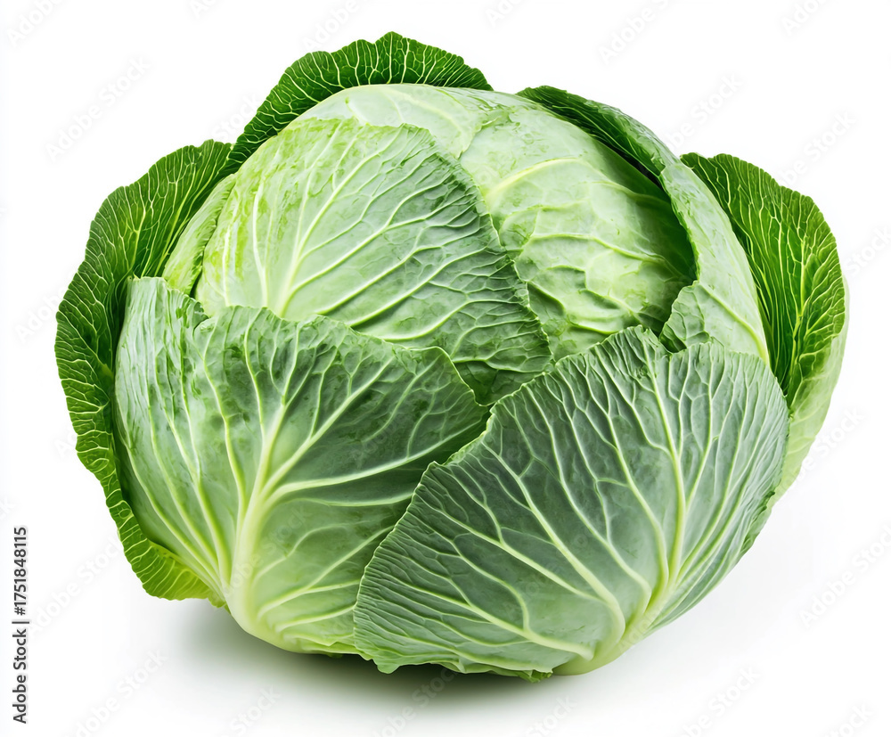 Fototapeta premium Fresh green cabbage with vibrant leaves, isolated on white background, a nutritious vegetable for healthy eating and culinary creations