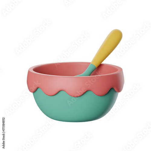 Pastel colored baby bowl with spoon on transparent background in 3d rendering