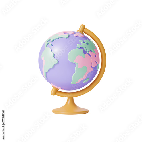 Pastel colored cartoon globe with stand on transparent background geography, world, travel