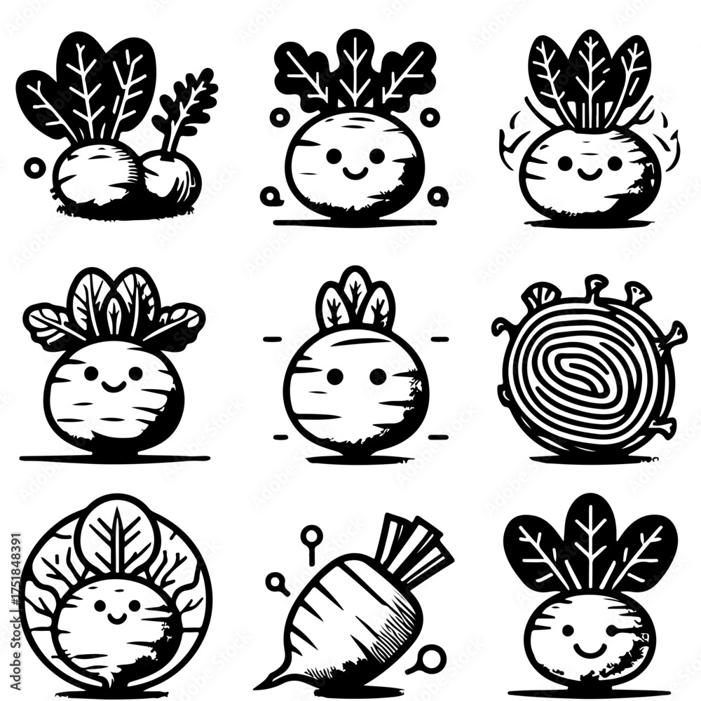Fototapeta premium Collection of nine stylized black and white beet illustrations with varying designs and expressions
