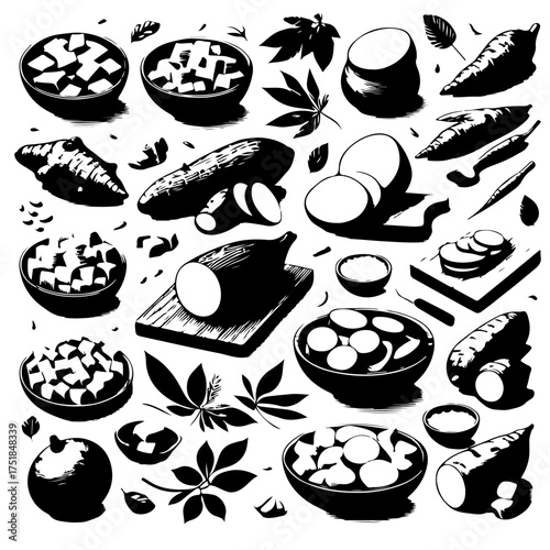 An artistic arrangement of various cassava root vegetables and cassava leaves in black and white style