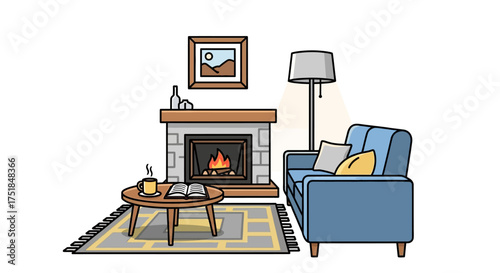 Cozy Living Room Illustration with Fireplace, Sofa, Rug, Lamp, and Coffee Table