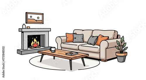 Cozy Living Room Illustration with Fireplace, Sofa, Rug, Lamp, and Coffee Table
