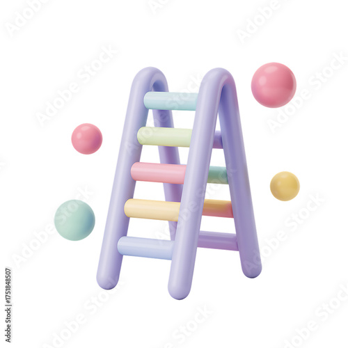 Pastel ladder with colorful rungs and floating spheres on transparent background 3d render
