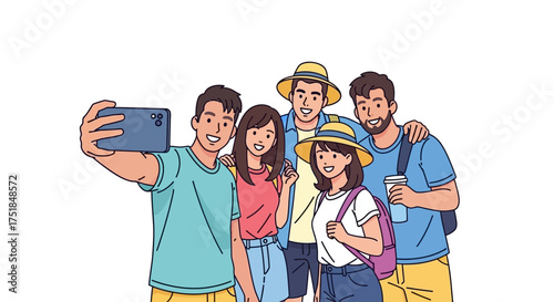 Diverse group of friends capturing a joyous moment with a selfie during a vacation adventure